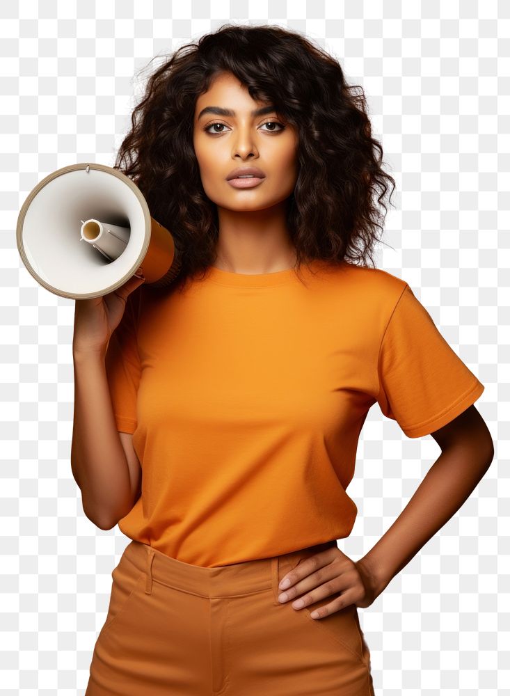 PNG  A Young Indian woman holding a megaphone portrait adult photo. AI generated Image by rawpixel.