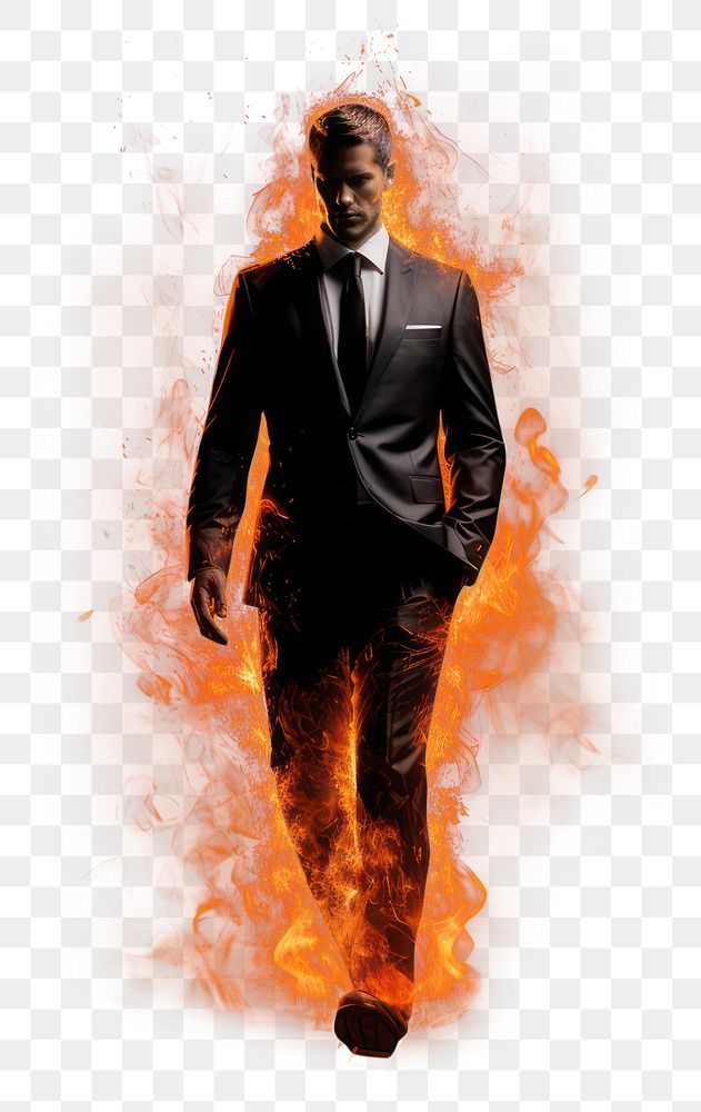PNG Man in suit walking fire portrait burning. AI generated Image by rawpixel.