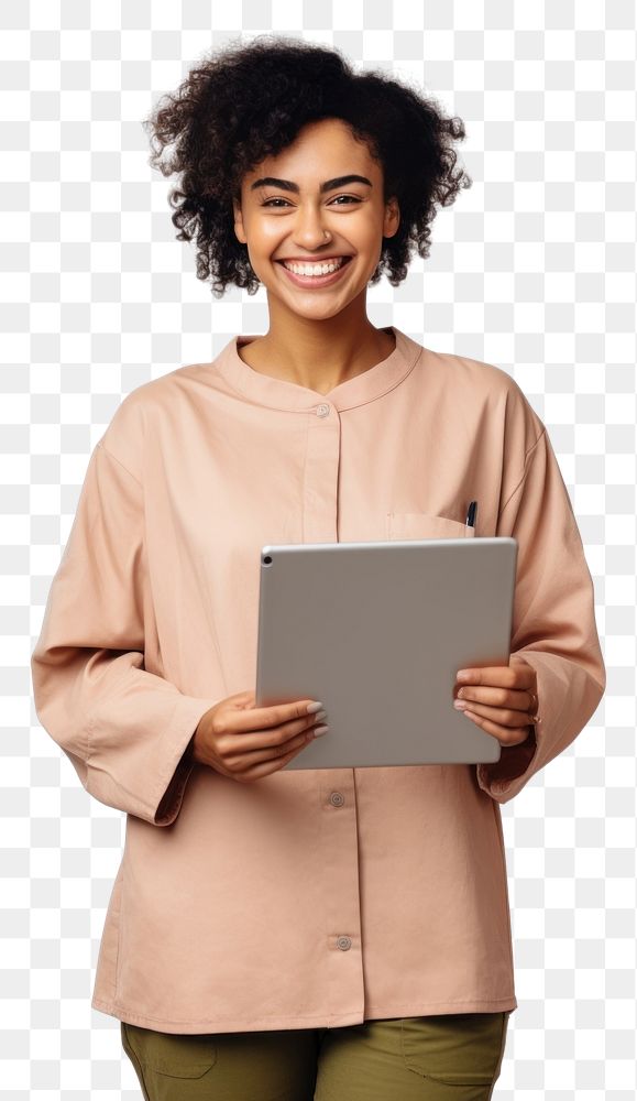 PNG A multiracial woman wearing an apron holding tablet computer portrait smiling. AI generated Image by rawpixel.