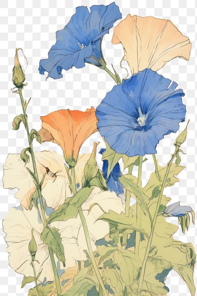 PNG Skeletoncover with blue Ipomoea sketch drawing flower. 