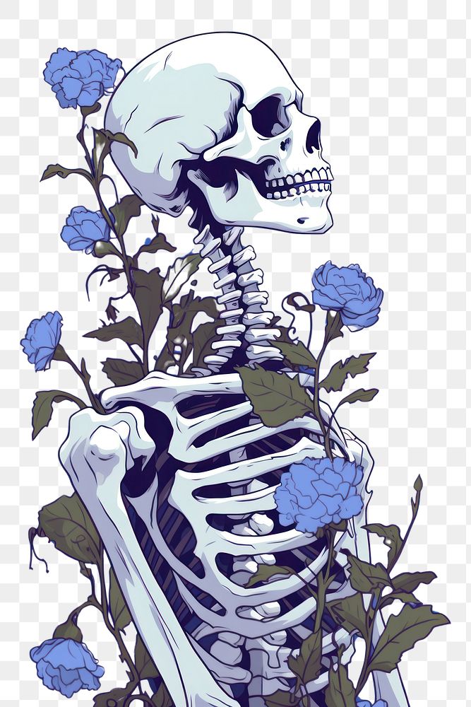 PNG  Skeleton is covered with blue Ipomoea anatomy cartoon creativity. AI generated Image by rawpixel.