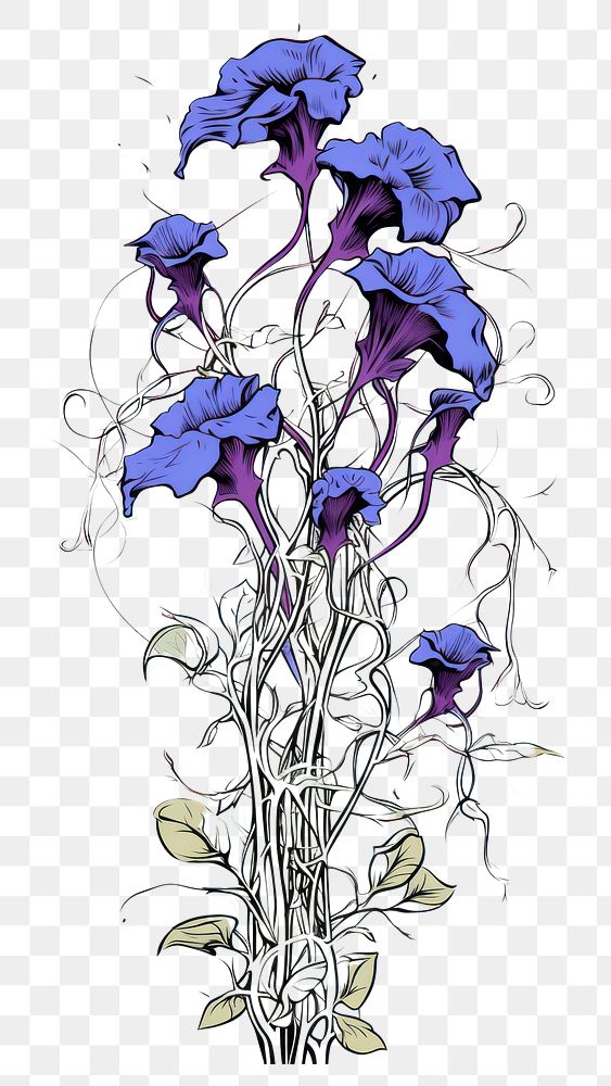 PNG  Skeleton cover with blue Ipomoea cartoon drawing flower. AI generated Image by rawpixel.