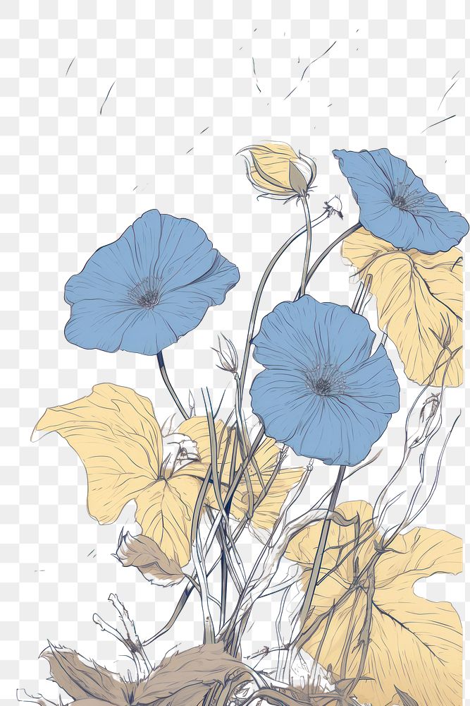 PNG  Skeletoncover with blue Ipomoea sketch drawing flower. AI generated Image by rawpixel.