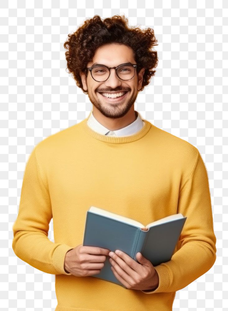 PNG  A smile student adult men holding book glasses reading intelligence. AI generated Image by rawpixel.