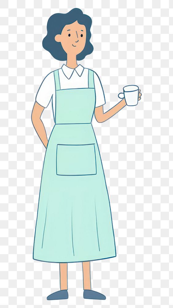 PNG Women wearing apron holding cup of coffee cartoon happiness standing. AI generated Image by rawpixel.