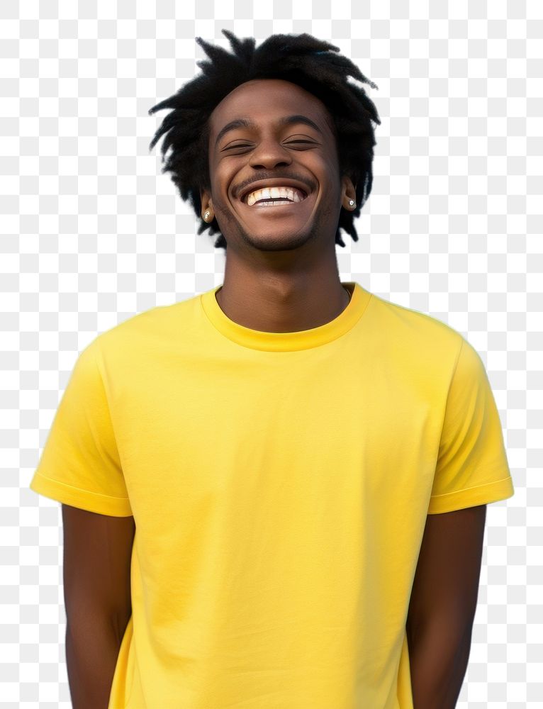 PNG Half face black guy smile blue t-shirt yellow wall individuality. AI generated Image by rawpixel.