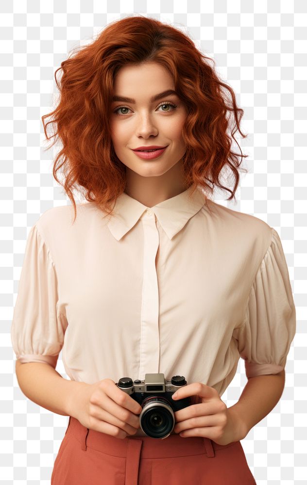 PNG Woman portrait camera blouse. AI generated Image by rawpixel.