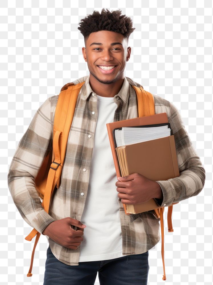 PNG Young black man backpack standing smiling. AI generated Image by rawpixel.