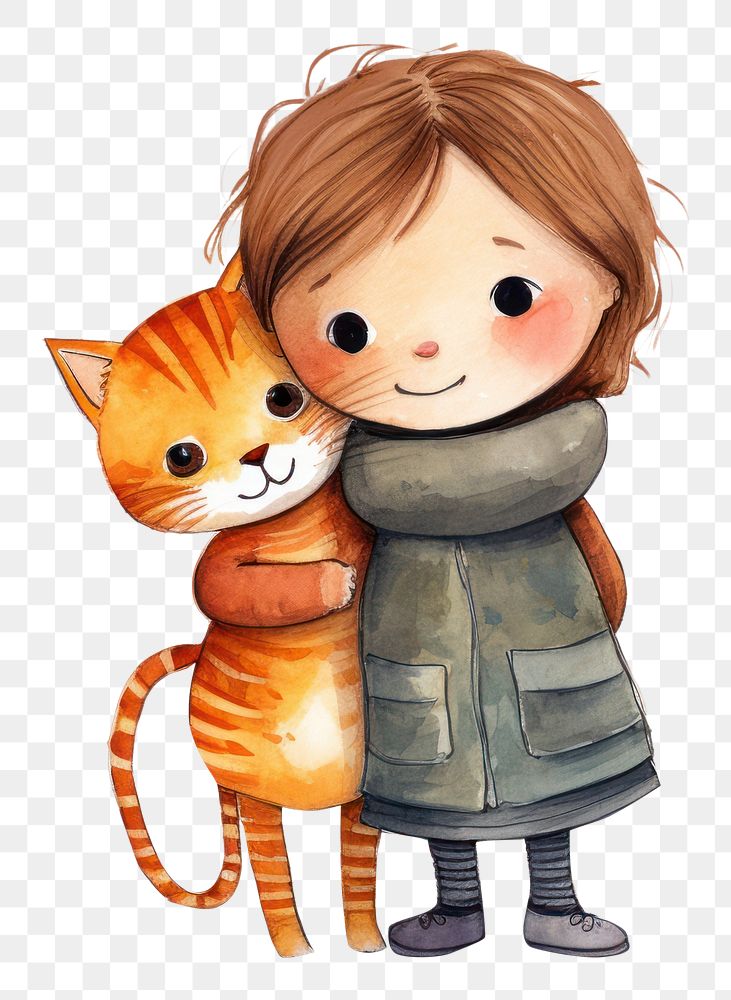 PNG  Girl hug a cat representation cartoon animal. AI generated Image by rawpixel.