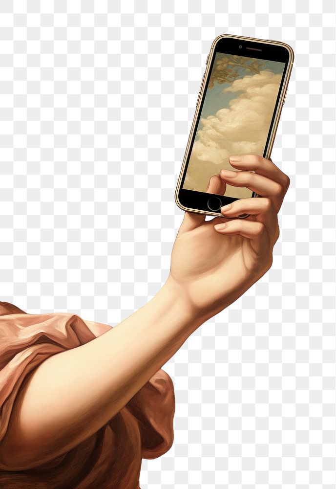 PNG Hand holding mobile phone painting adult art. AI generated Image by rawpixel.