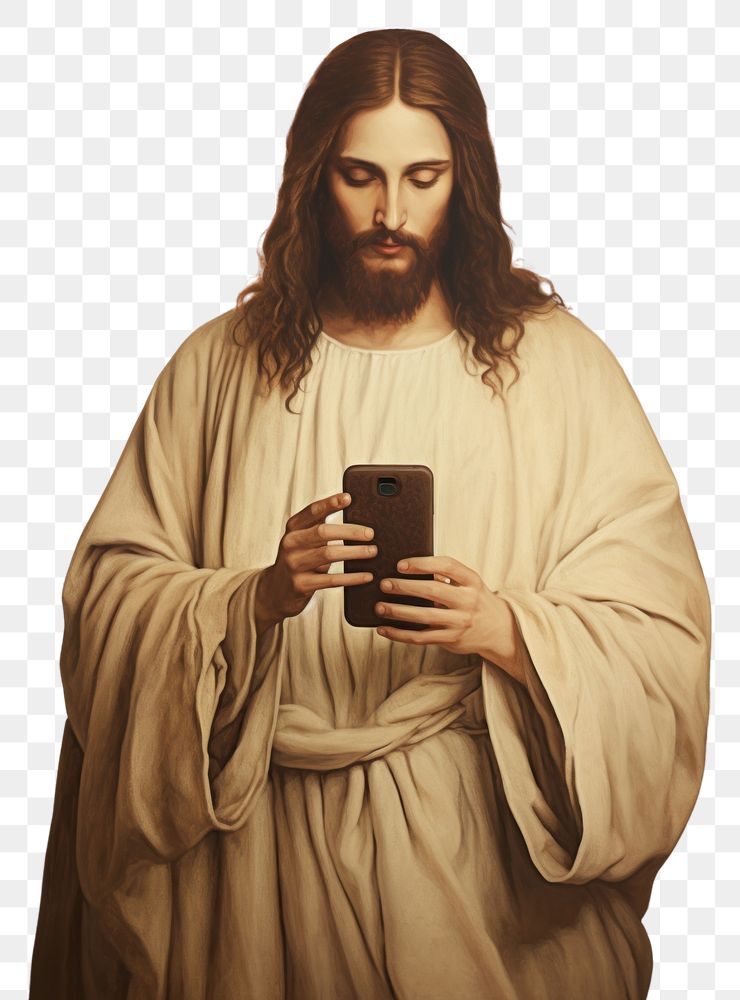 PNG Jesus holding mobile phone painting portrait adult. AI generated Image by rawpixel.