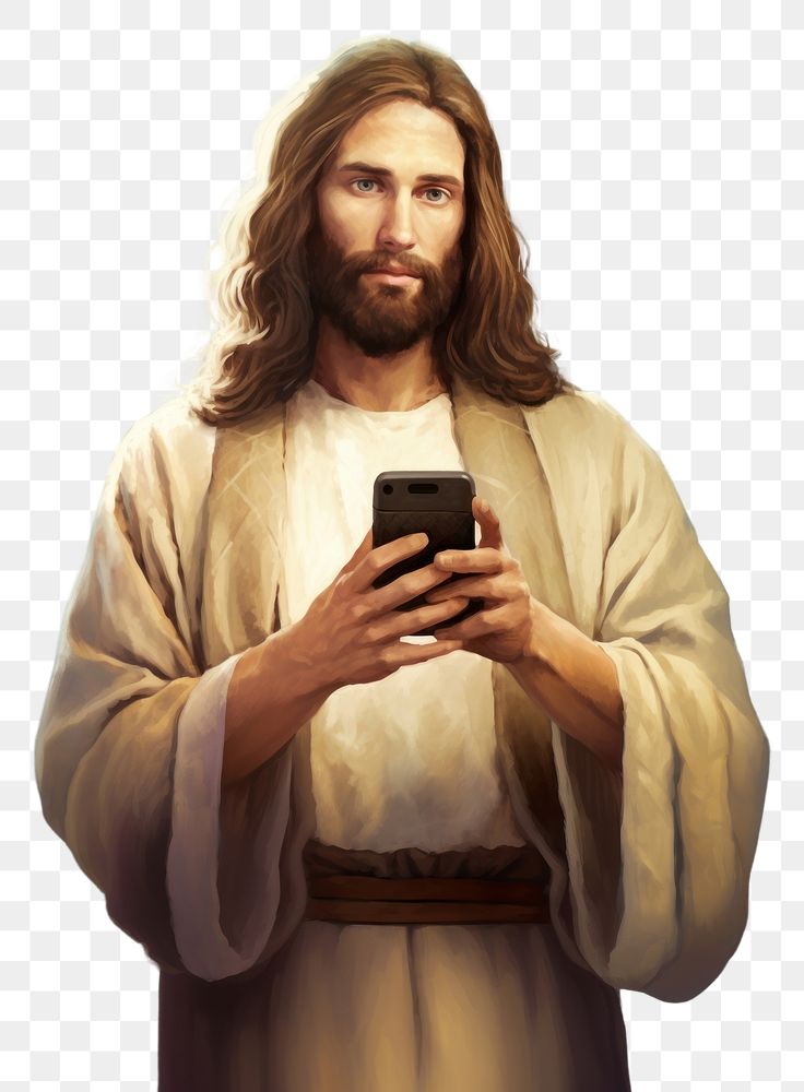PNG Jesus holding mobile phone portrait painting adult. AI generated Image by rawpixel.