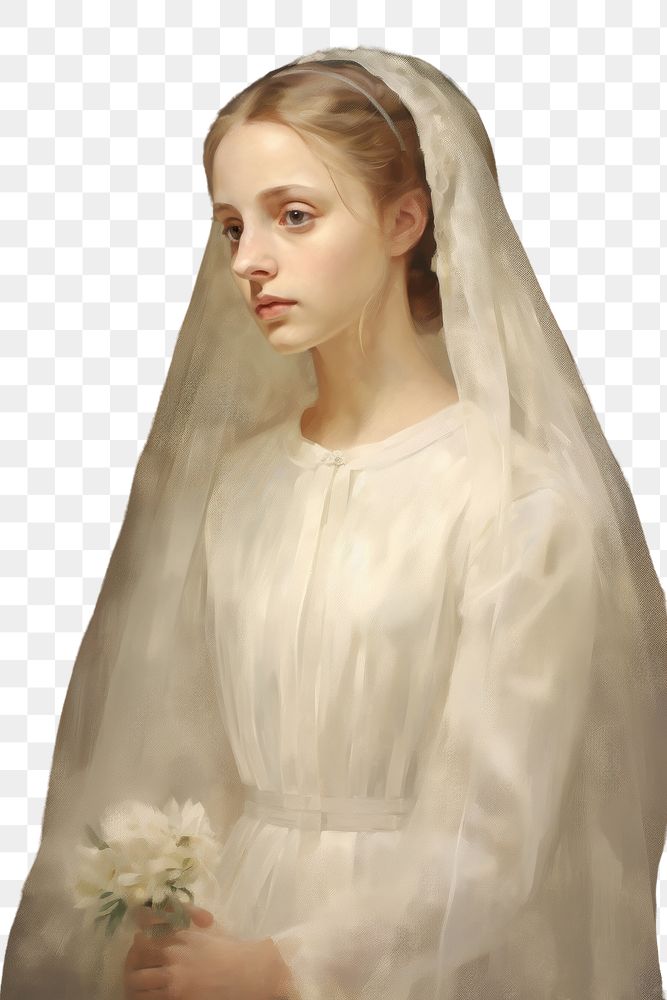 PNG Woman wears vintage wedding dress painting portrait fashion. AI generated Image by rawpixel.