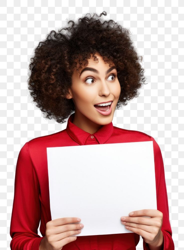 PNG Young woman holding empty speech bubble paper surprised portrait adult. AI generated Image by rawpixel.