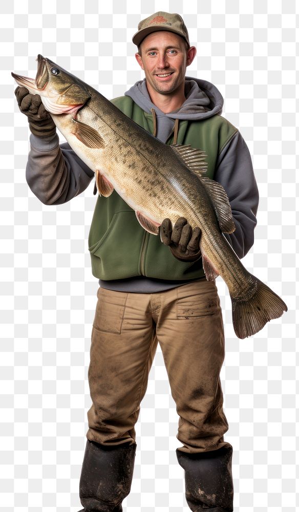 PNG  Fisherman holding a walleye fish animal adult standing. AI generated Image by rawpixel.
