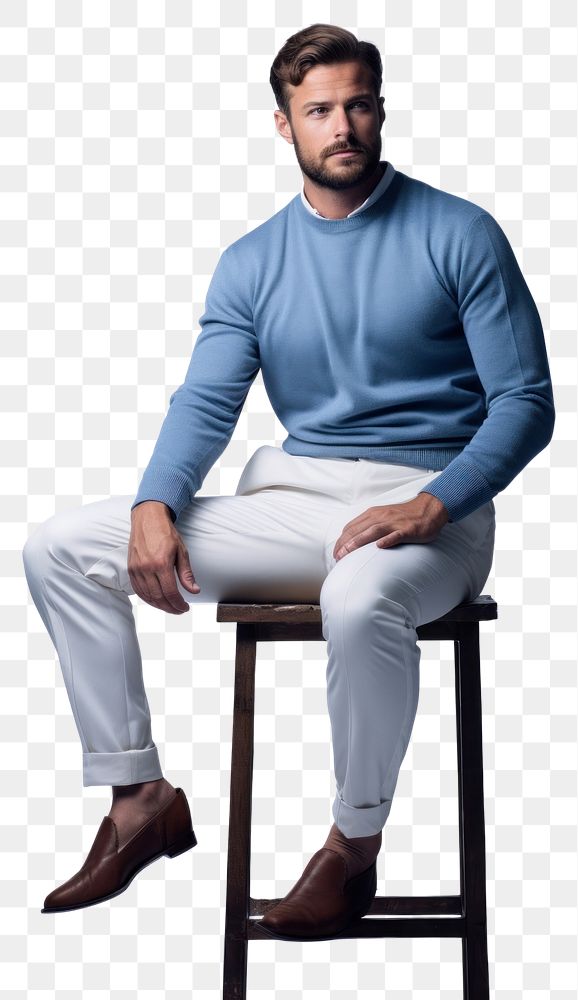 PNG  Blue trousers and sweater sitting fashion adult. AI generated Image by rawpixel.