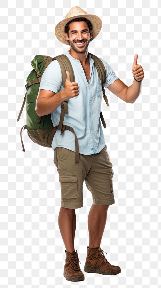 PNG Brazilian traveler showing thumb up backpack outdoors clothing. AI generated Image by rawpixel.