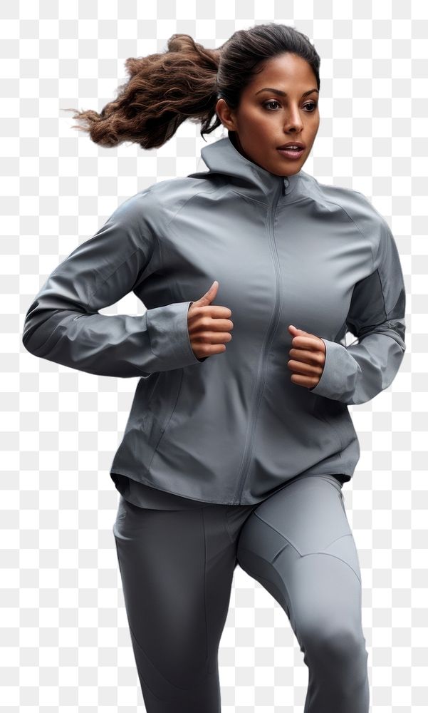 PNG  Woman running in sports outfit jogging adult gray. AI generated Image by rawpixel.