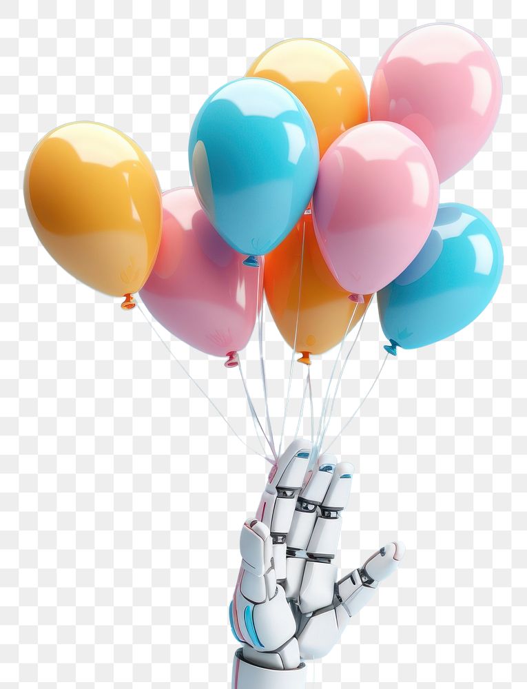 PNG 3d robot hand holding balloons representation anniversary celebration. AI generated Image by rawpixel.