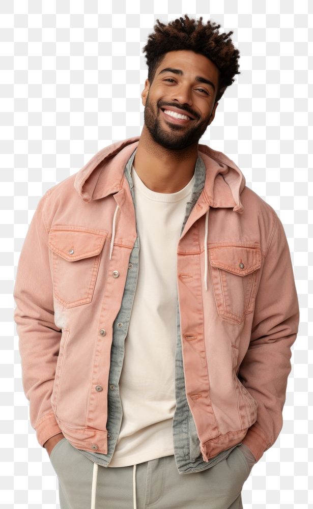PNG Man in the outfit is wearing a jean jacket smile white background individuality. AI generated Image by rawpixel.