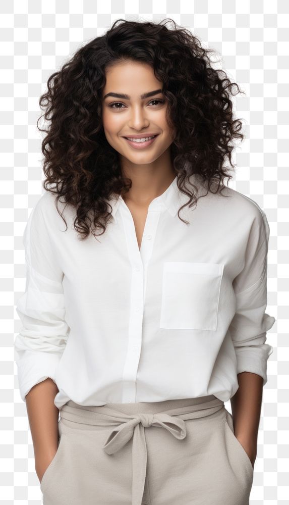 PNG Woman in the outfit white shirt in natural posed blouse adult smile. AI generated Image by rawpixel.