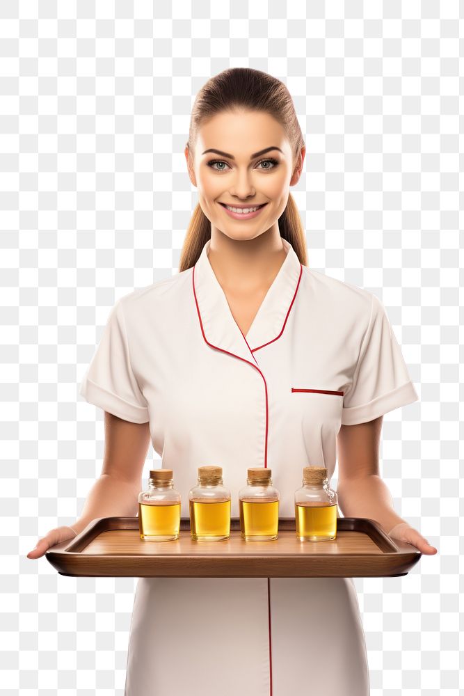 PNG  Professional masseuse in spa uniform holding tray with aroma oil massage bottle white background refreshment. AI…