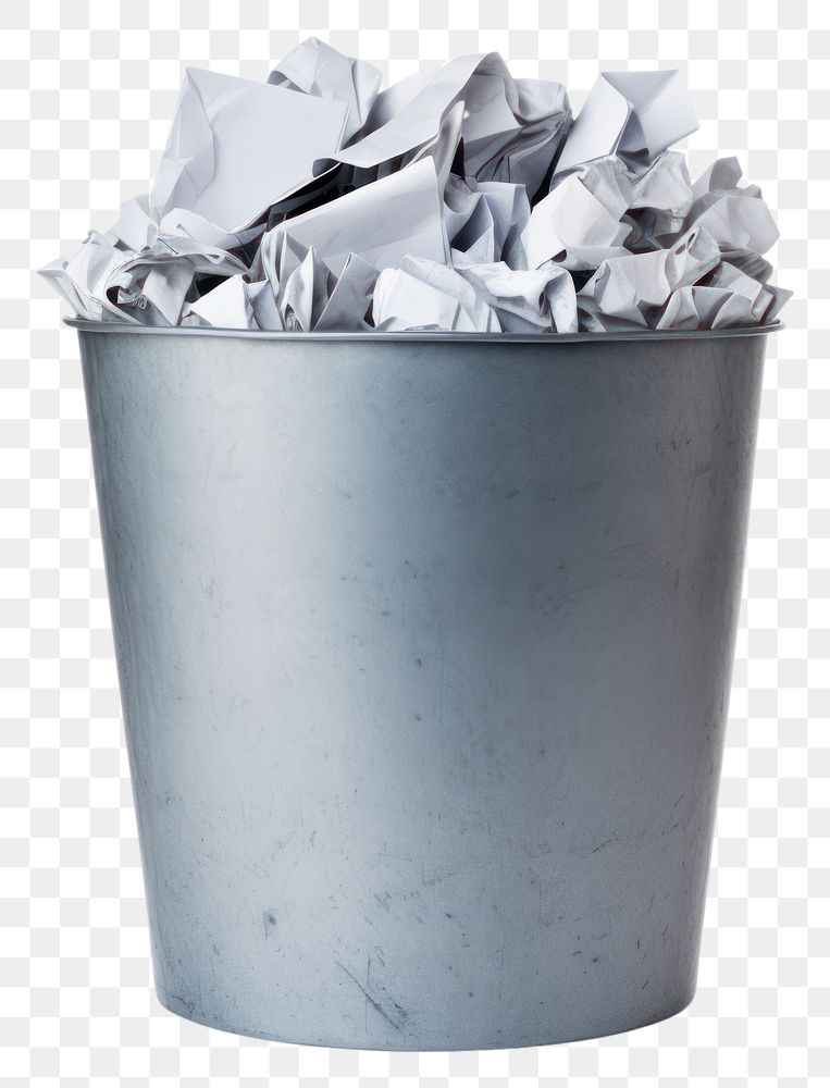 PNG Gray trash can with paper sheets white background flowerpot recycling. AI generated Image by rawpixel.