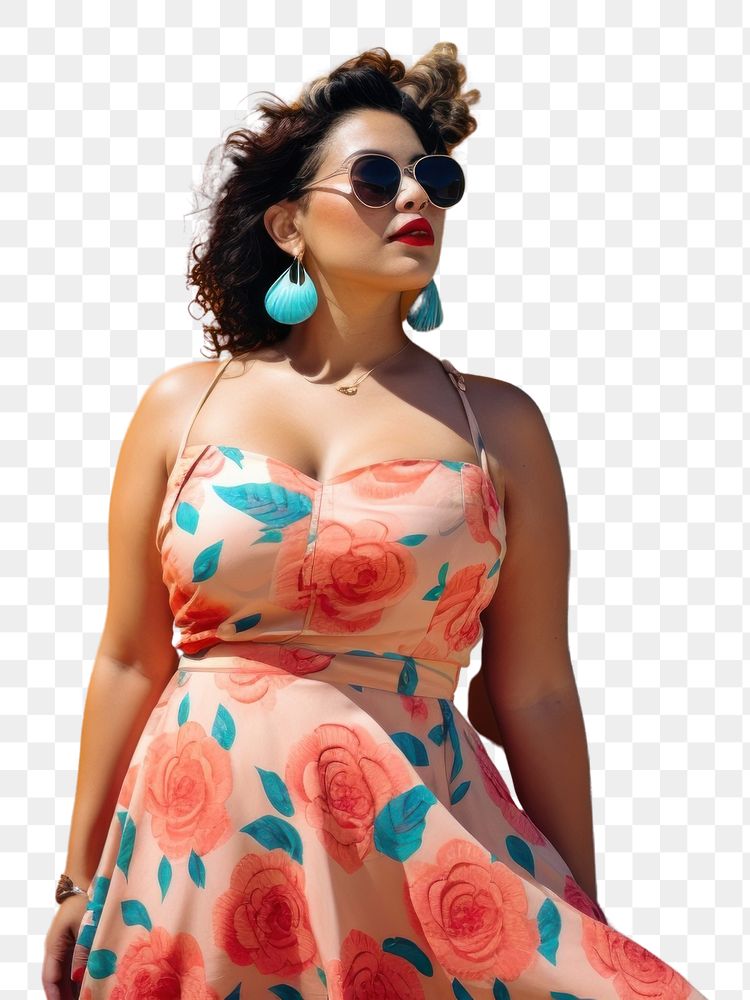 PNG Chubby Latina woman in a sundress standing in front of a colorful wall fashion adult architecture. AI generated Image by…