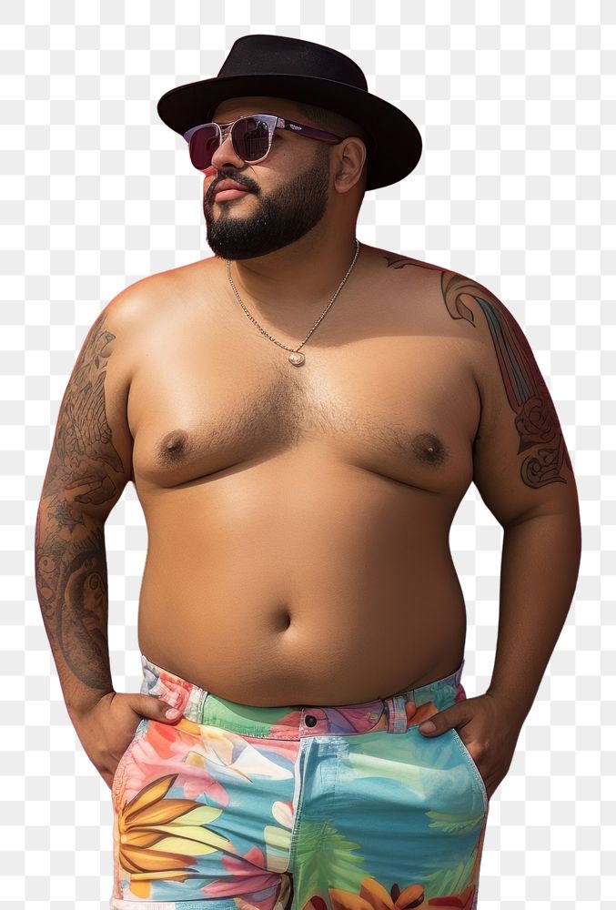 PNG Plus size Latino man in a swimming pants standing in front of a colorful wall fashion tattoo adult. AI generated Image…