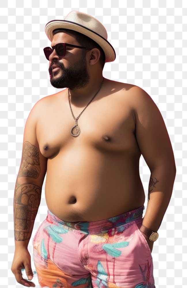 PNG Plus size Latino man in a swimming pants standing in front of a colorful wall portrait fashion tattoo. AI generated…