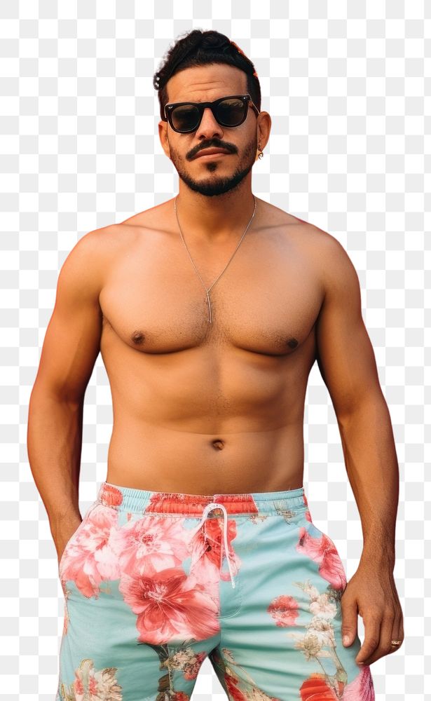 PNG Homely Latino man in a swimming pants standing in front of a colorful wall fashion summer adult. AI generated Image by…