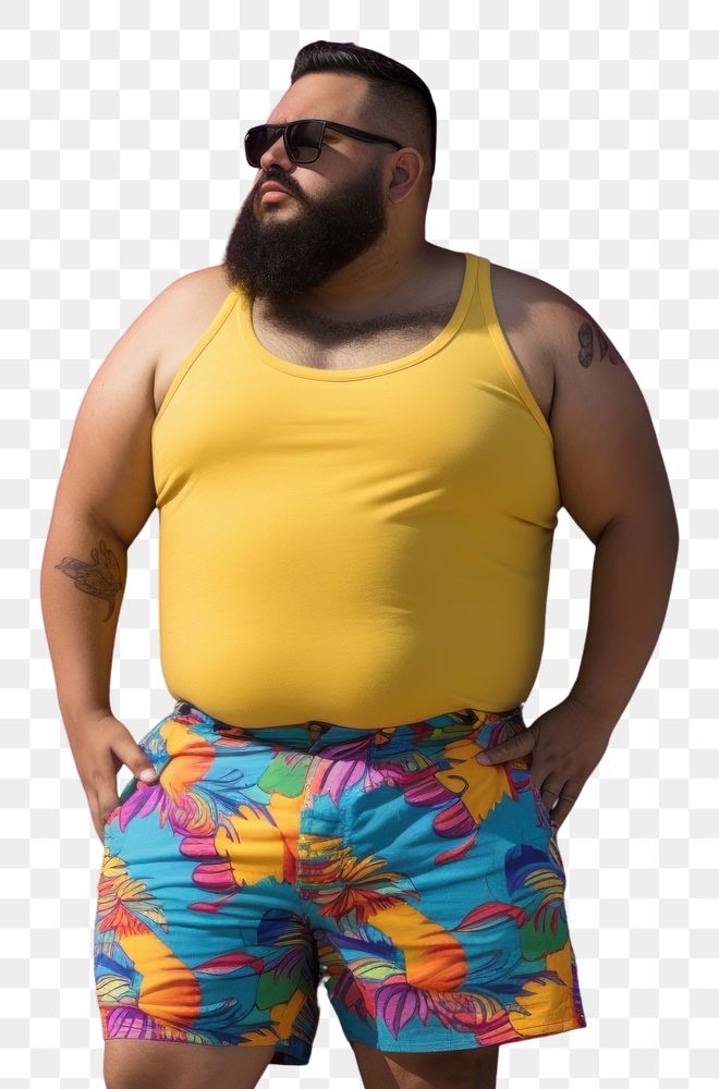 PNG Plus size Latino man in a swimming pants standing in front of a colorful wall glasses fashion shorts. 