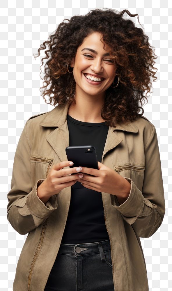 PNG  Woman holding phone portrait clothing jacket. AI generated Image by rawpixel.