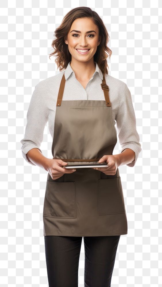 PNG  Woman holding a digital tablet apron adult entrepreneur. AI generated Image by rawpixel.