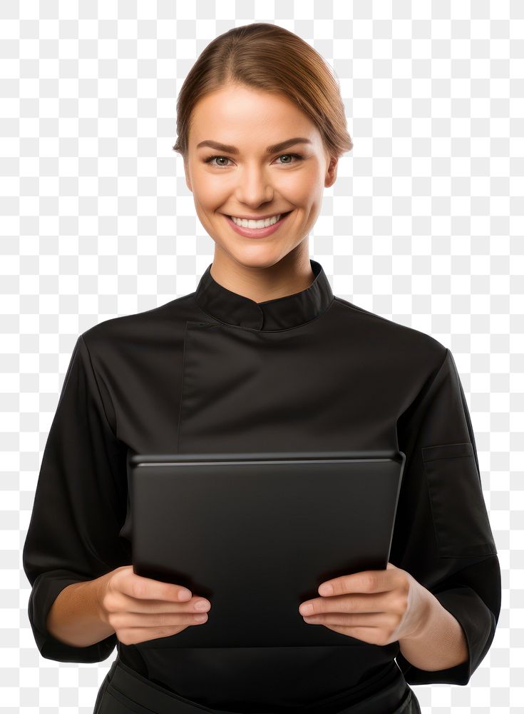 PNG  Woman holding a digital tablet portrait computer sleeve. AI generated Image by rawpixel.