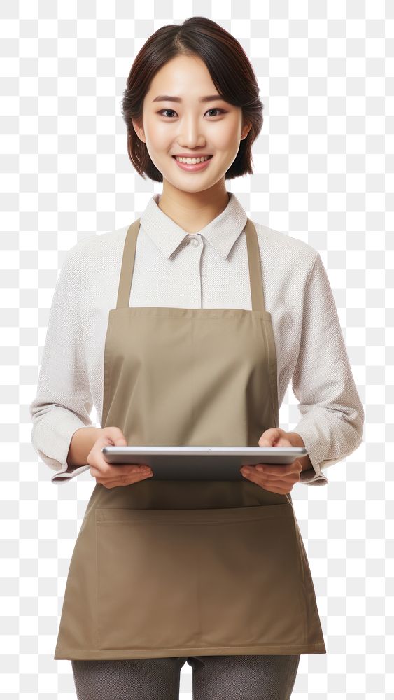 PNG  Woman holding a digital tablet computer apron adult. AI generated Image by rawpixel.