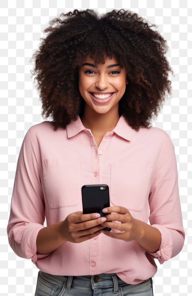 PNG  Black woman holding phone portrait clothing smile. AI generated Image by rawpixel.