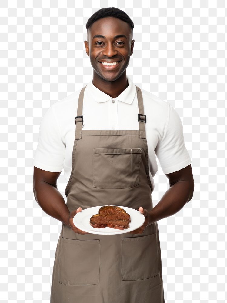 PNG  Man holding a plate of steak apron adult happiness. AI generated Image by rawpixel.