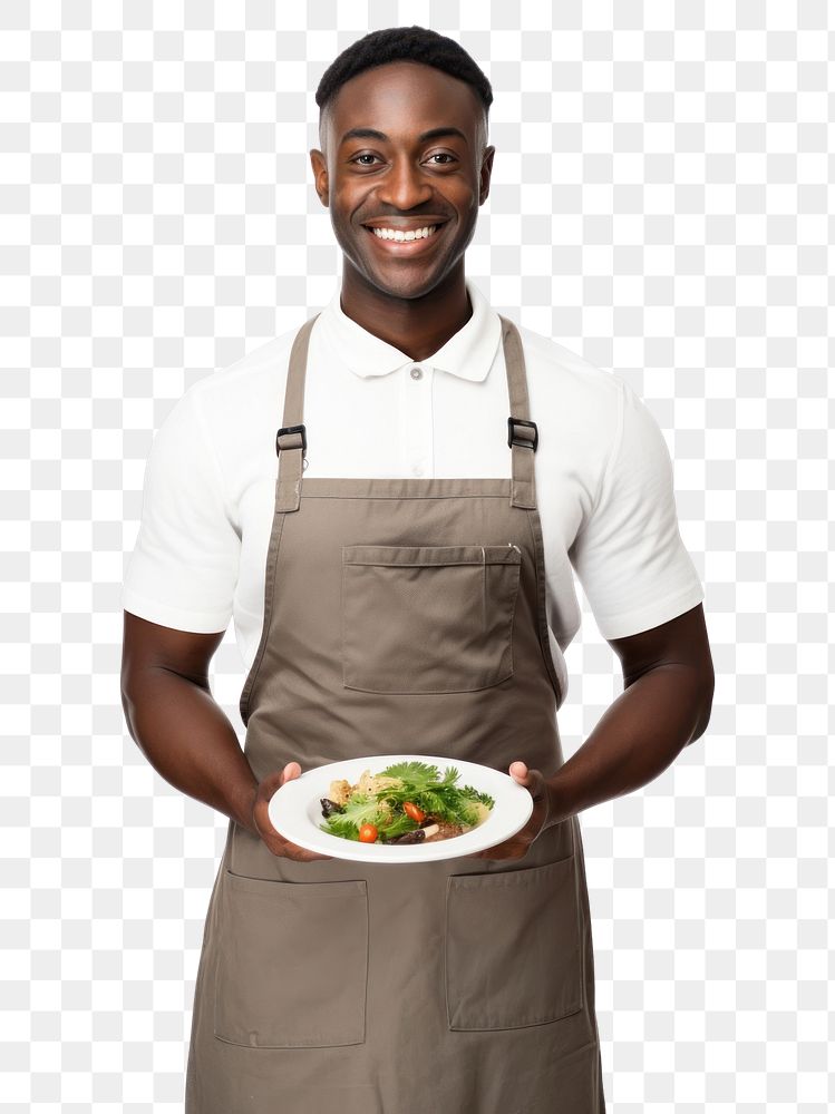 PNG  Man holding a plate of salad waiter adult apron. AI generated Image by rawpixel.