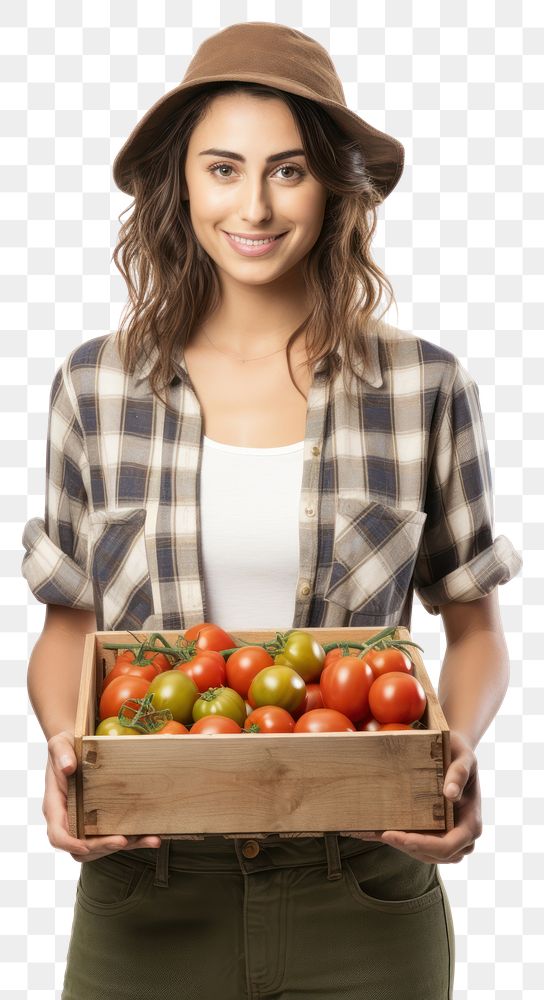 PNG  Female farmer holding tomato crate vegetable adult plant. AI generated Image by rawpixel.