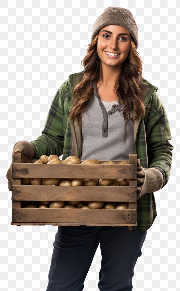 PNG  Female farmer holding potato crate adult harvesting outerwear. AI generated Image by rawpixel.
