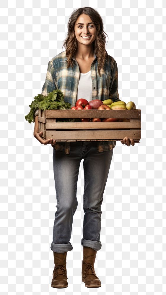 PNG  Female farmer holding vegtables crate portrait adult food. AI generated Image by rawpixel.