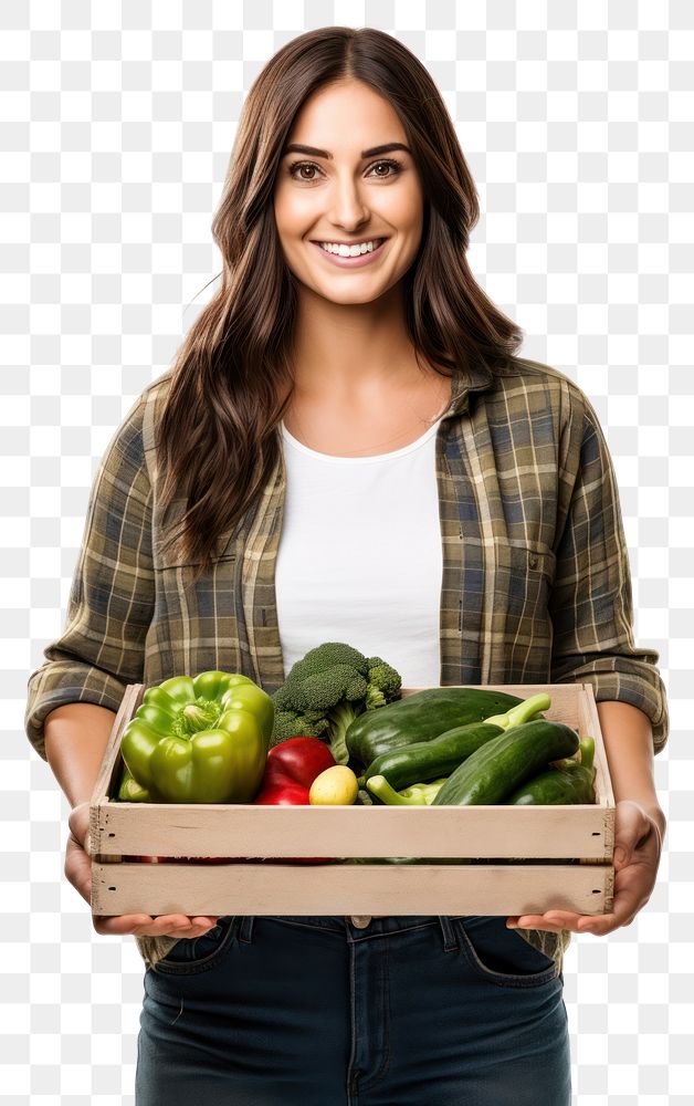 PNG  Female farmer holding vegtables crate vegetable adult plant. AI generated Image by rawpixel.