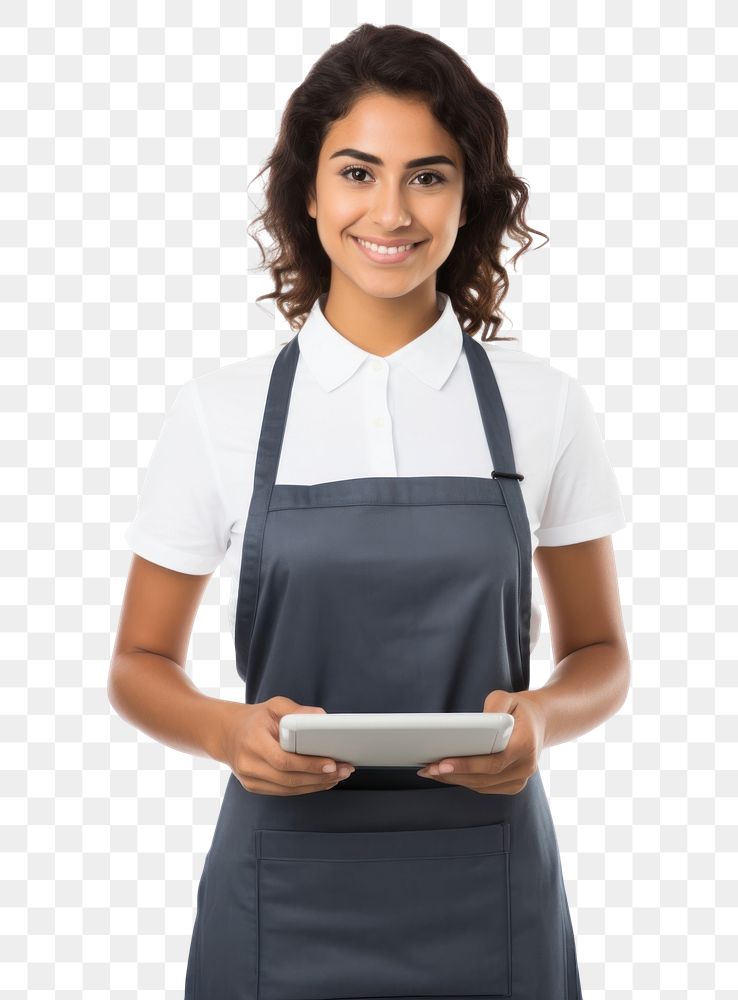 PNG  Woman holding a digital tablet adult apron entrepreneur. AI generated Image by rawpixel.