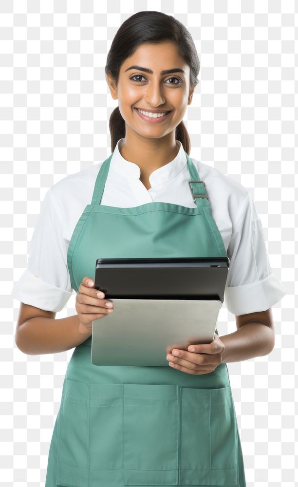 PNG  Woman holding a digital tablet apron entrepreneur happiness. AI generated Image by rawpixel.