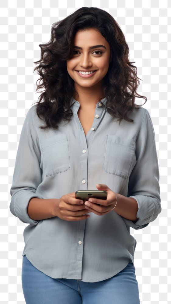 PNG Indian woman holding phone portrait clothing sleeve. 