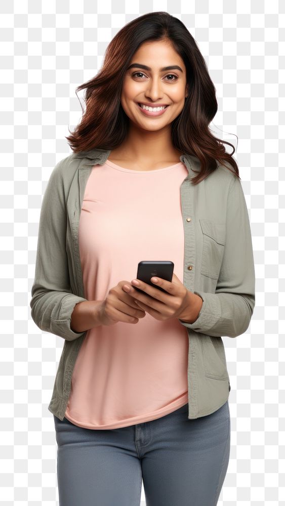 PNG  Indian woman holding phone portrait clothing sleeve. AI generated Image by rawpixel.