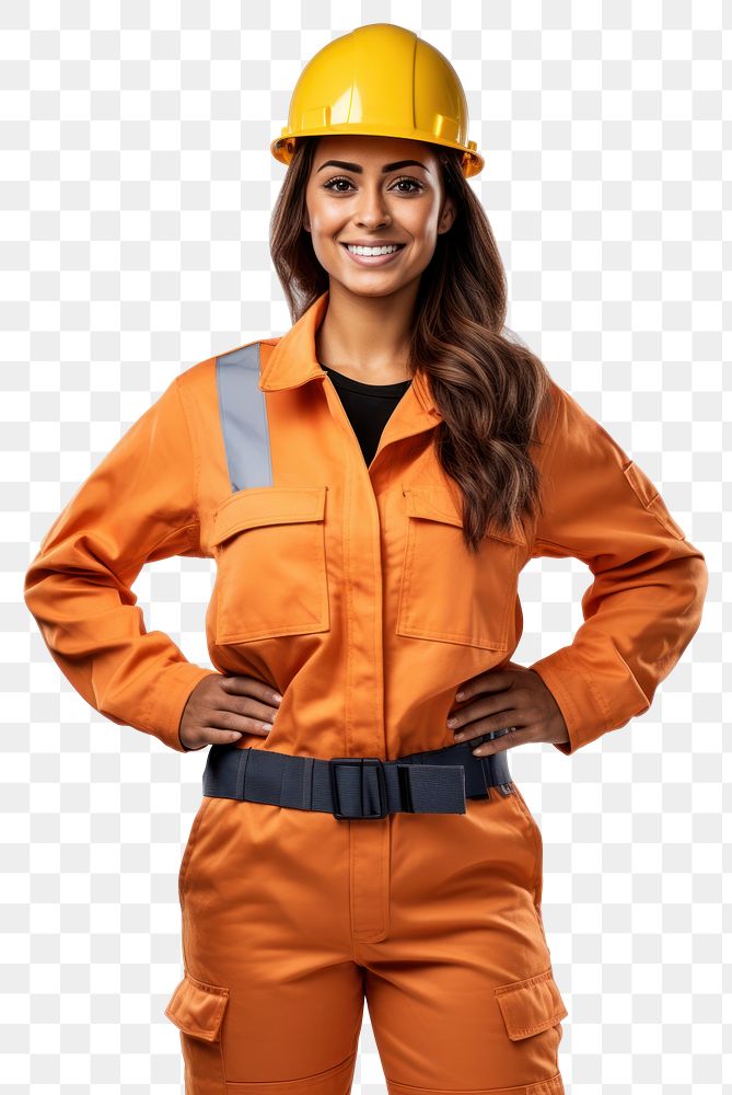 PNG  Latina female construction worker portrait uniform hardhat. AI generated Image by rawpixel.