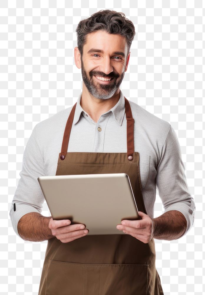 PNG  Man holding a digital tablet computer adult apron. AI generated Image by rawpixel.