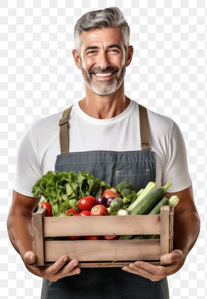 PNG  Male farmer holding vegtables crate vegetable adult plant. AI generated Image by rawpixel.